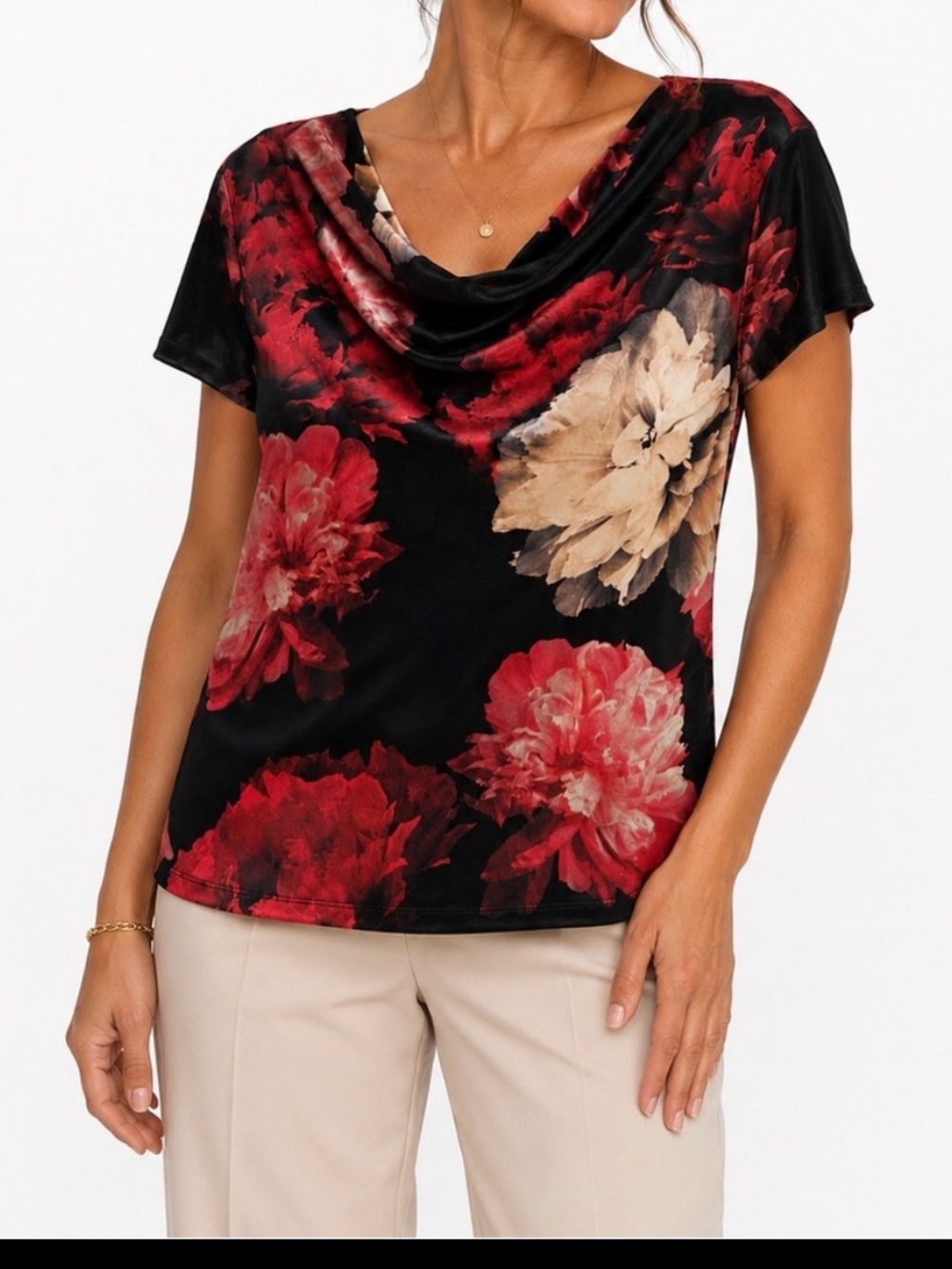 Liz Claiborne Black Floral Draped-Neck Tee with Red and Beige Blooms